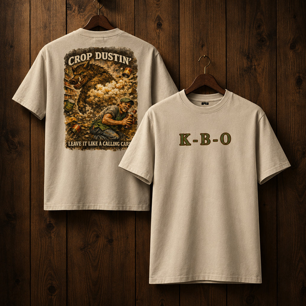 KBO A Signature Exit: “Crop Dustin’” Organic Unisex Graphic Tee, desert dust, front and back view