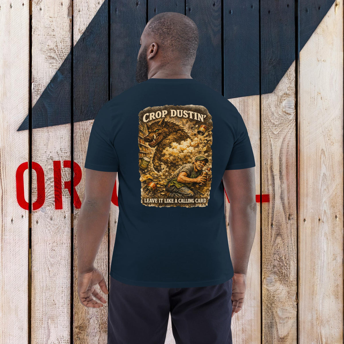 KBO A Signature Exit: “Crop Dustin’” Organic Unisex Graphic Tee, french navy, back view