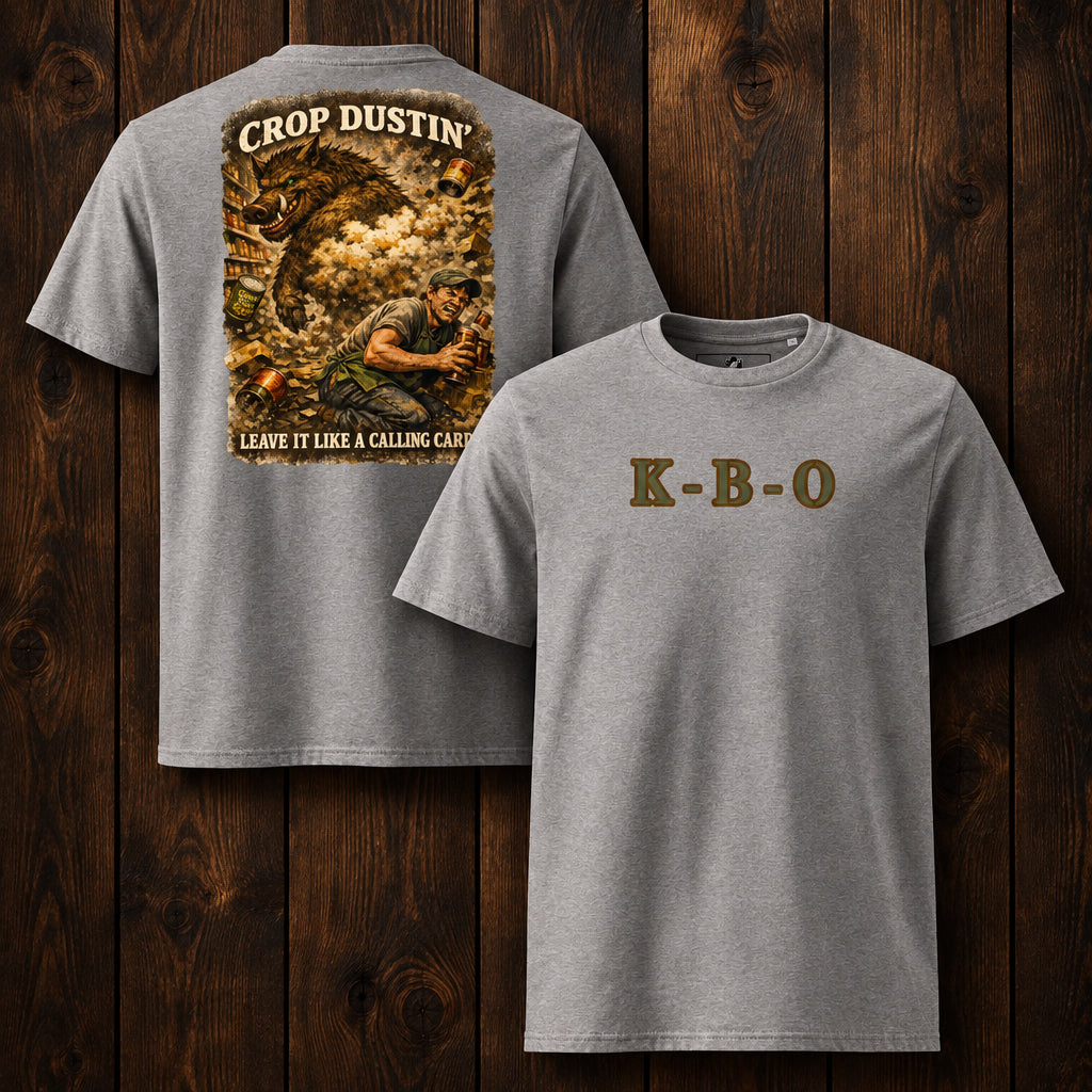 KBO A Signature Exit: “Crop Dustin’” Organic Unisex Graphic Tee, heather grey, front and back view