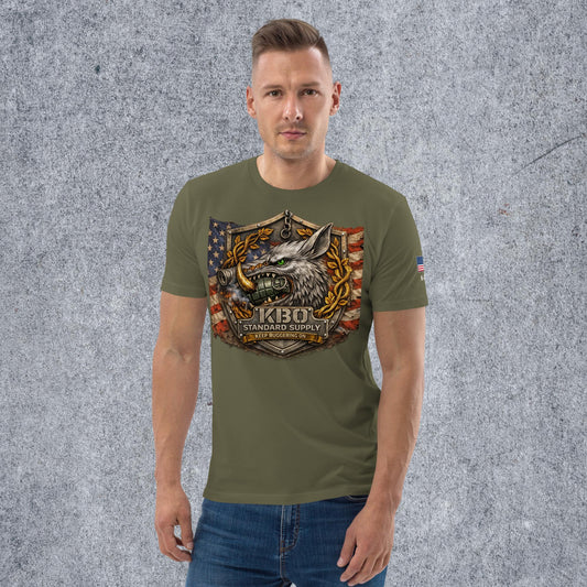 “Still Buggering On” Unisex Organic Crest Tee, khaki, front view