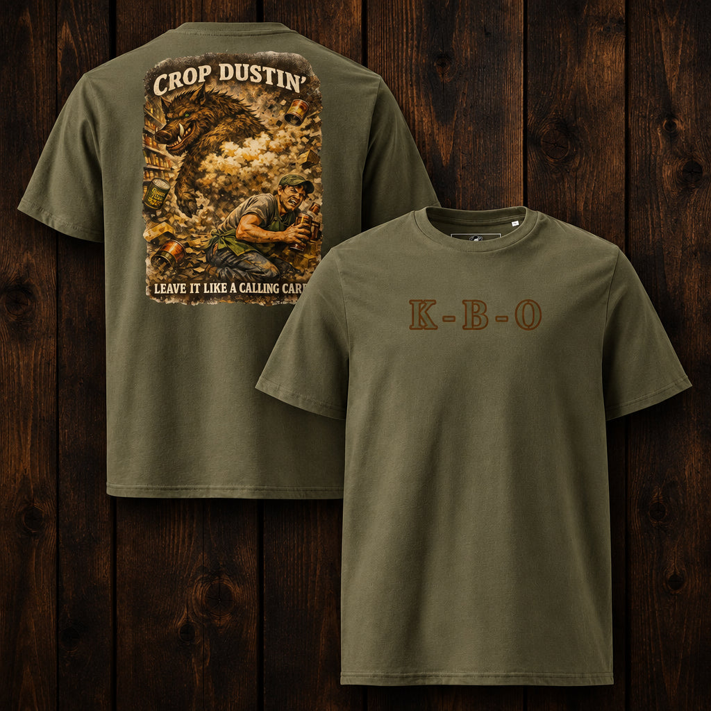 KBO A Signature Exit: “Crop Dustin’” Organic Unisex Graphic Tee, khaki, front and back view