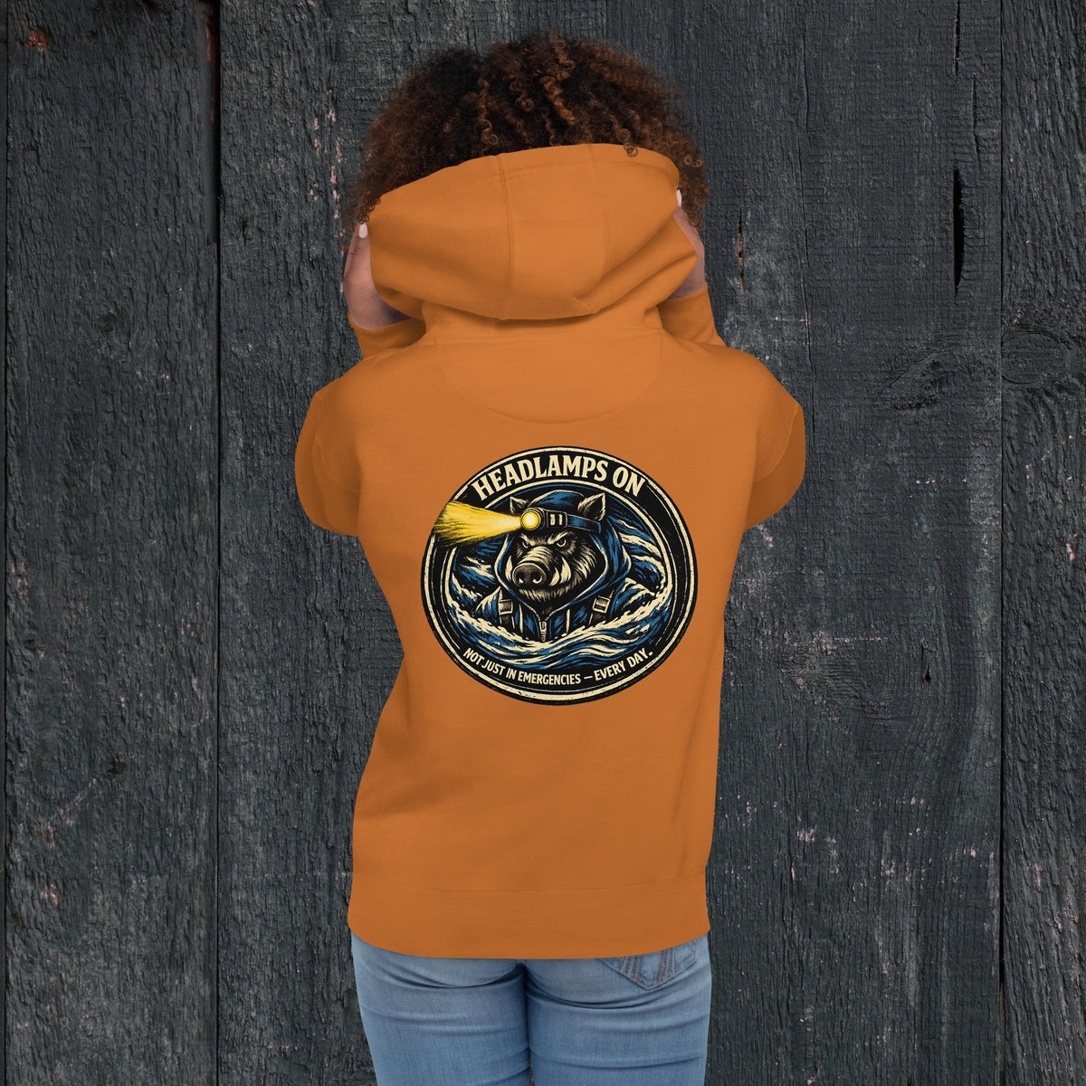 KBO “Headlamps On” Search & Rescue/EMS Heritage Unisex Hoodie, adobe, back view