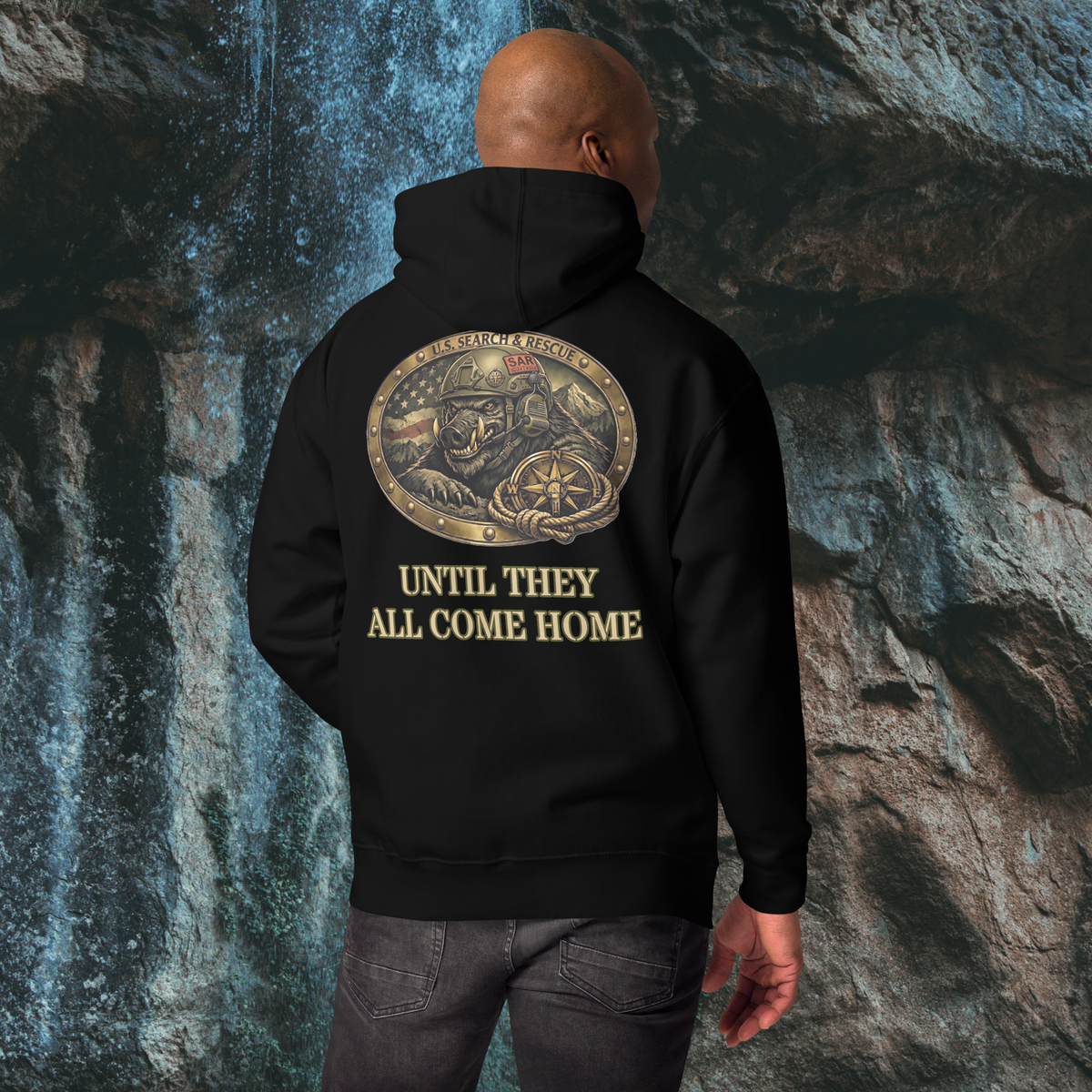 US Search & Rescue Boar Pullover Hoodie | Heavyweight Unisex Graphic Fleece, black, back view