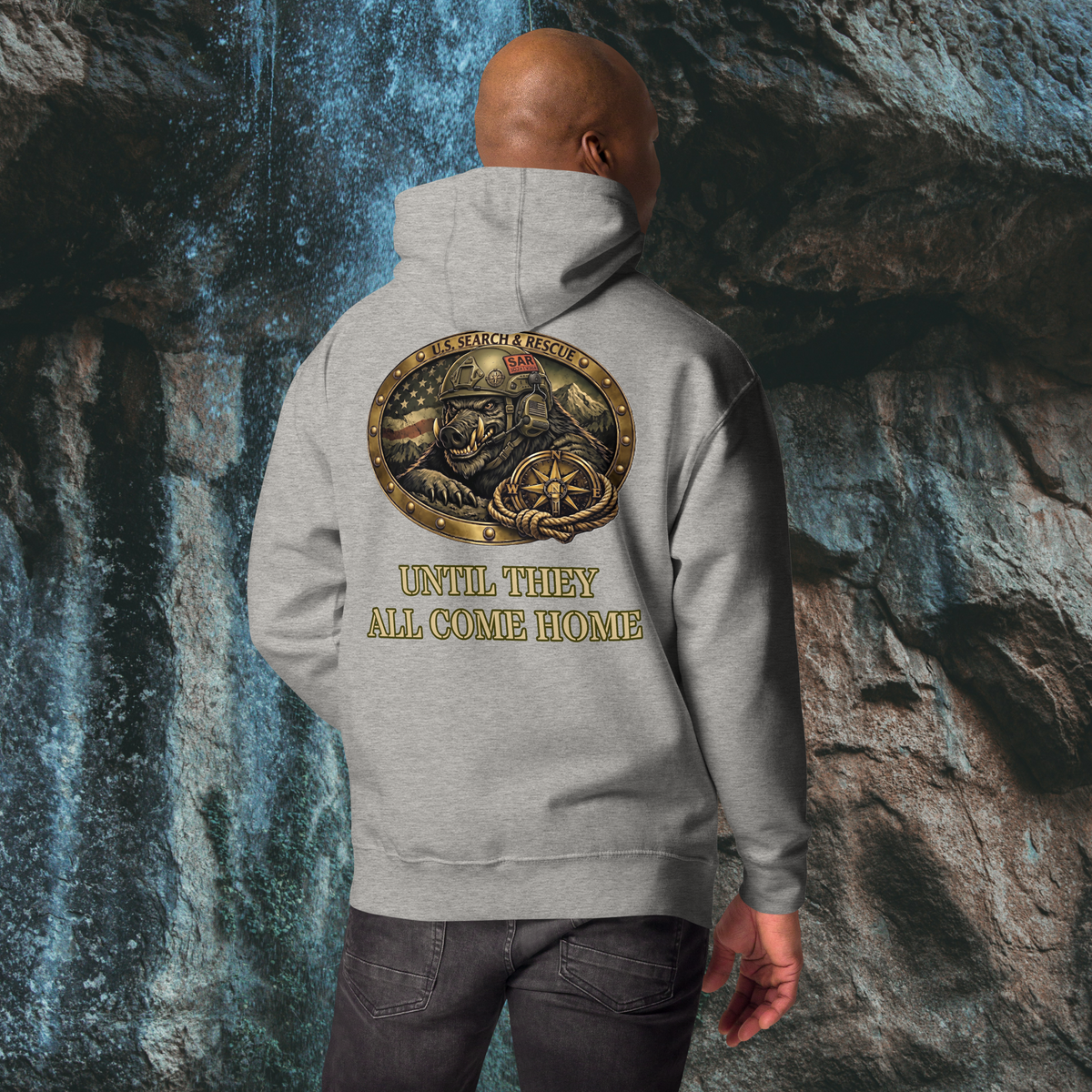US Search & Rescue Boar Pullover Hoodie | Heavyweight Unisex Graphic Fleece, carbon grey, back view