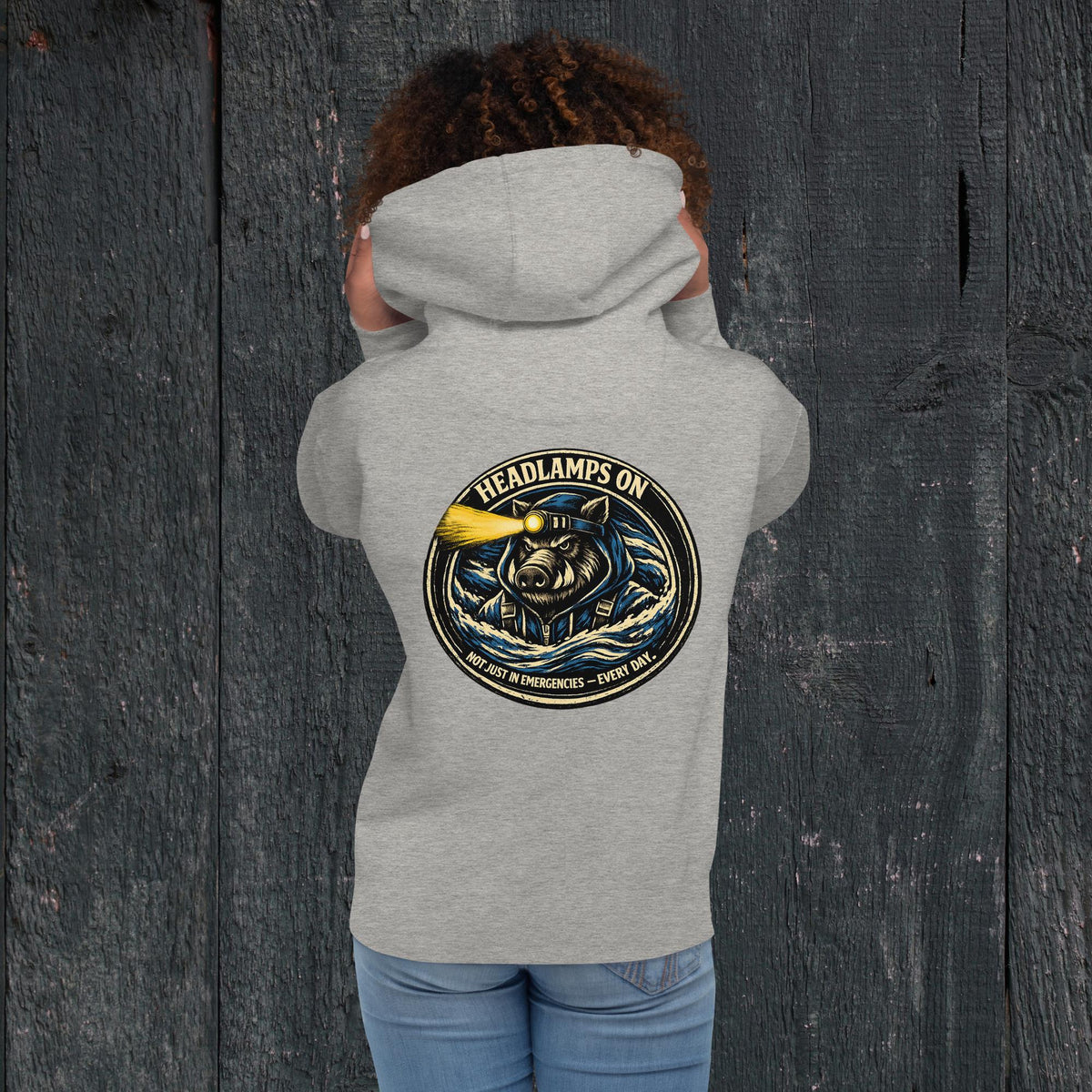KBO “Headlamps On” Search & Rescue/EMS Heritage Unisex Hoodie, carbon grey, back view