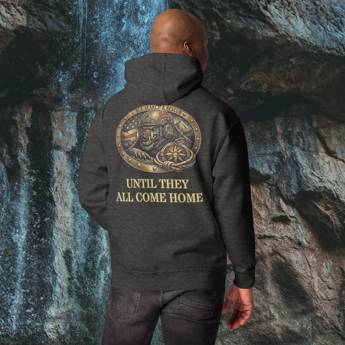 US Search & Rescue Boar Pullover Hoodie | Heavyweight Unisex Graphic Fleece, charcoal heather, back view
