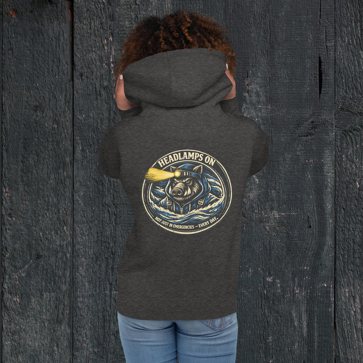 KBO “Headlamps On” Search & Rescue/EMS Heritage Unisex Hoodie, charcoal heather, back view