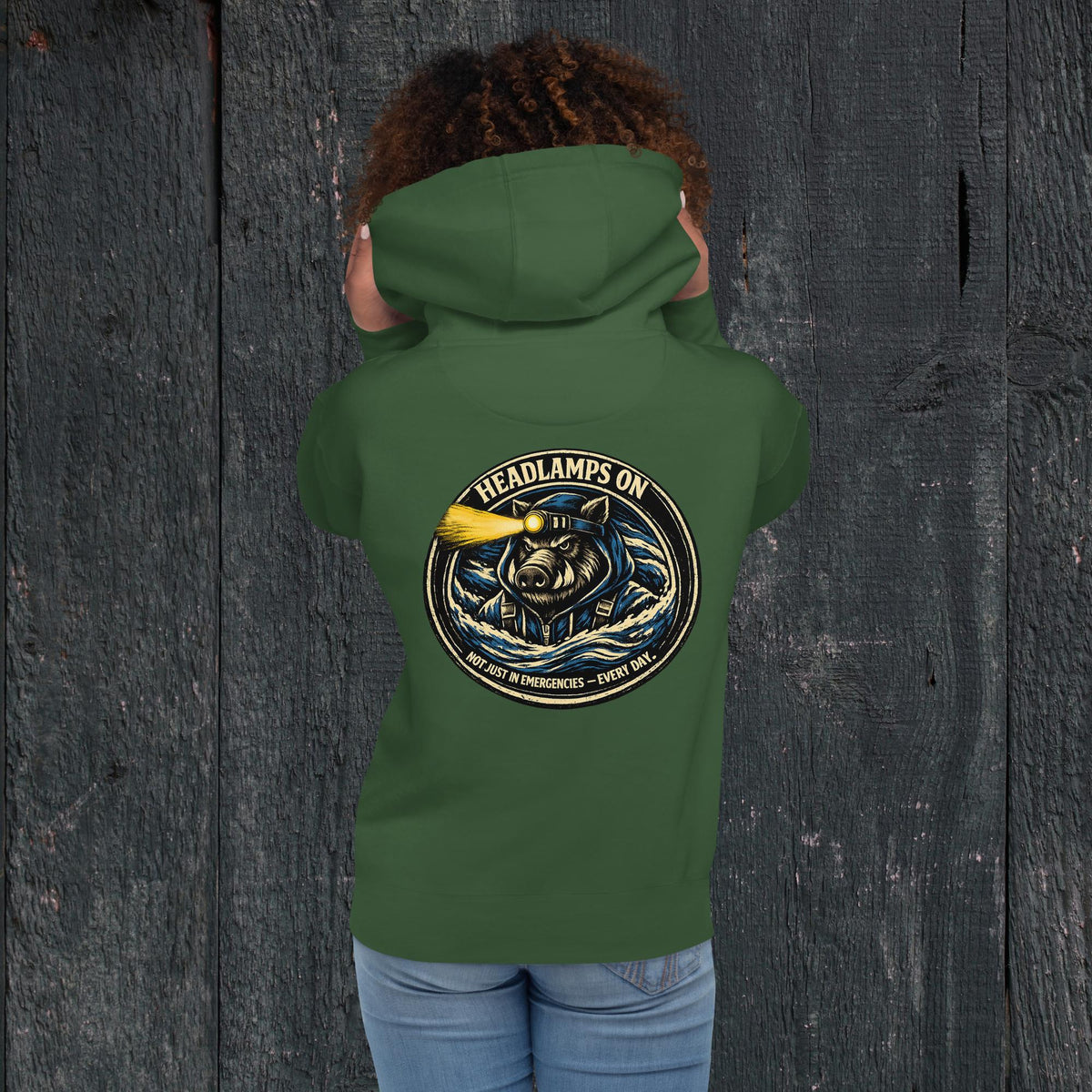 KBO “Headlamps On” Search & Rescue/EMS Heritage Unisex Hoodie, forest green, back view