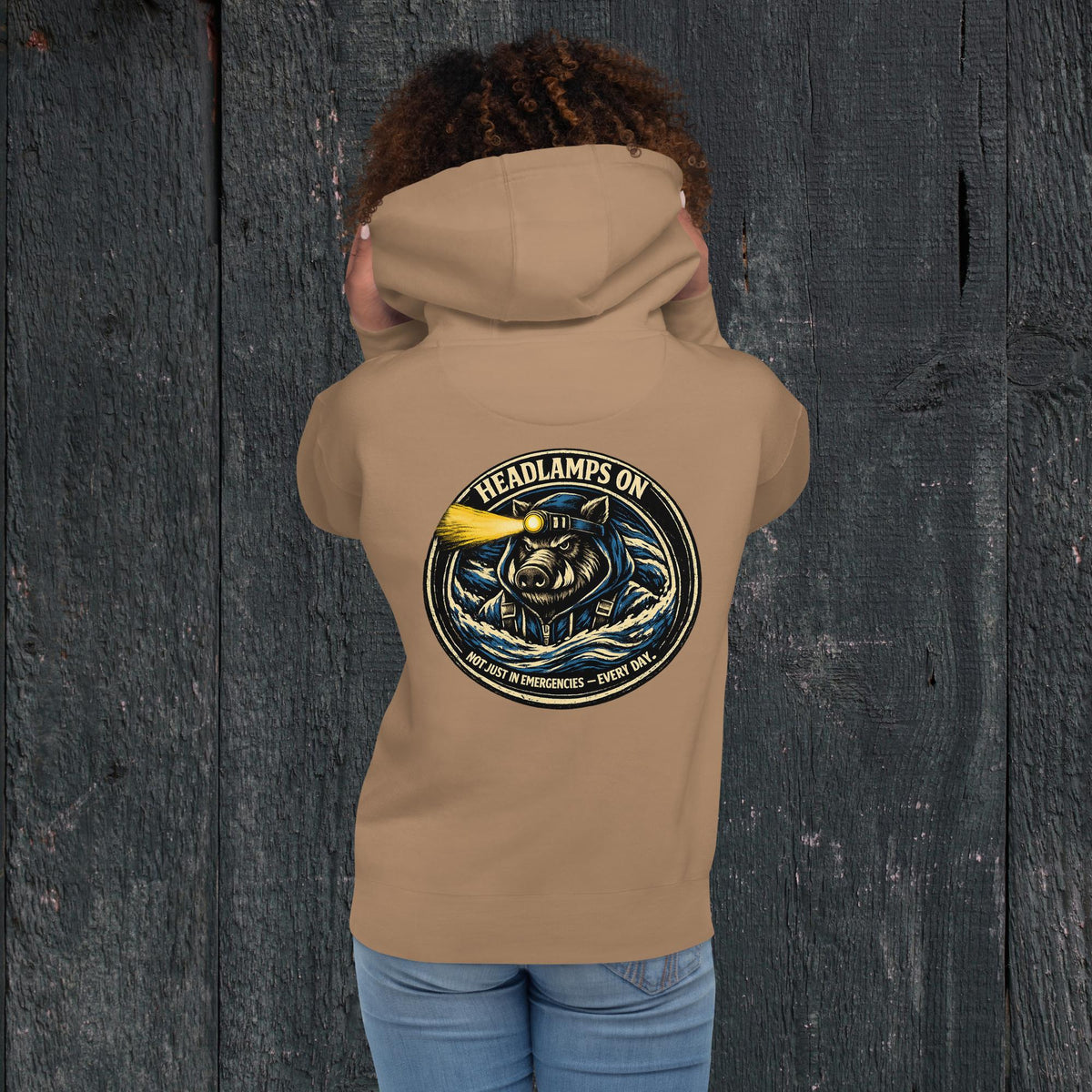 KBO “Headlamps On” Search & Rescue/EMS Heritage Unisex Hoodie, latte, back view