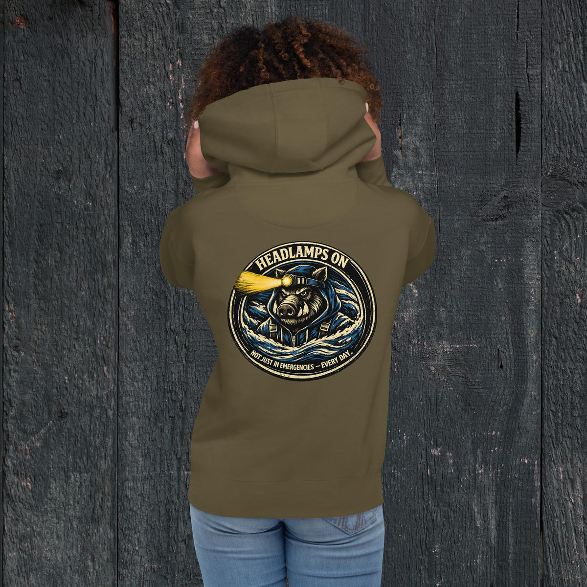 KBO “Headlamps On” Search & Rescue/EMS Heritage Unisex Hoodie, military green, back view