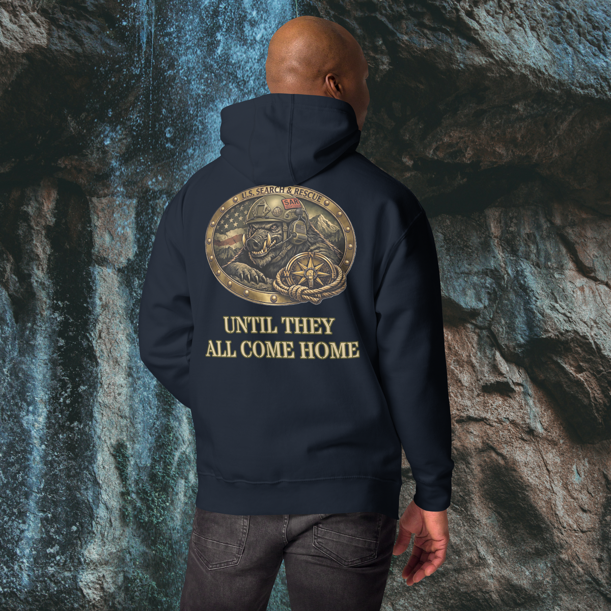 US Search & Rescue Boar Pullover Hoodie | Heavyweight Unisex Graphic Fleece, navy blazer, back view