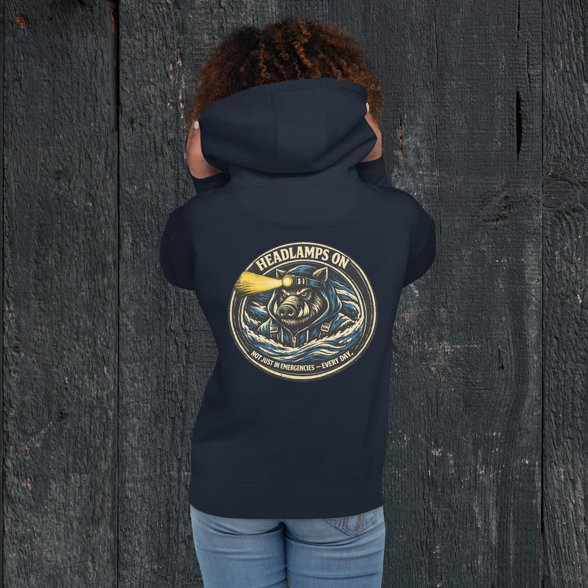 KBO “Headlamps On” Search & Rescue/EMS Heritage Unisex Hoodie, navy blazer, back view
