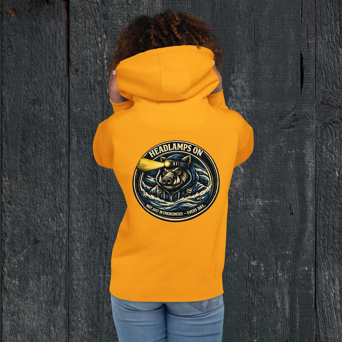 KBO “Headlamps On” Search & Rescue/EMS Heritage Unisex Hoodie, team gold, back view