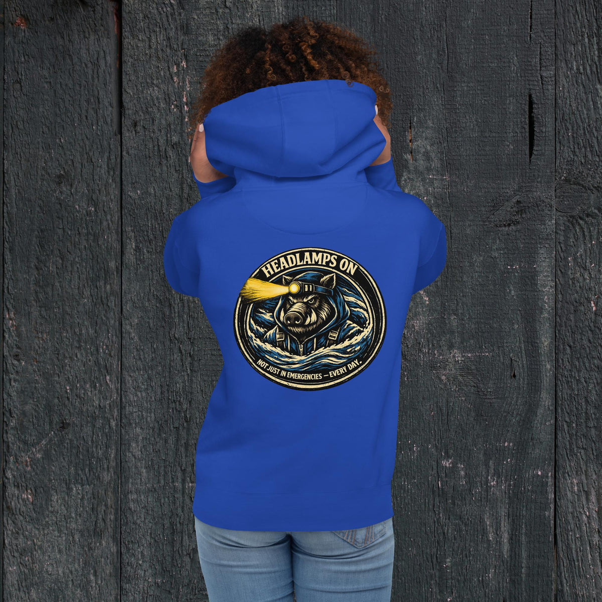 KBO “Headlamps On” Search & Rescue/EMS Heritage Unisex Hoodie, team royal, back view