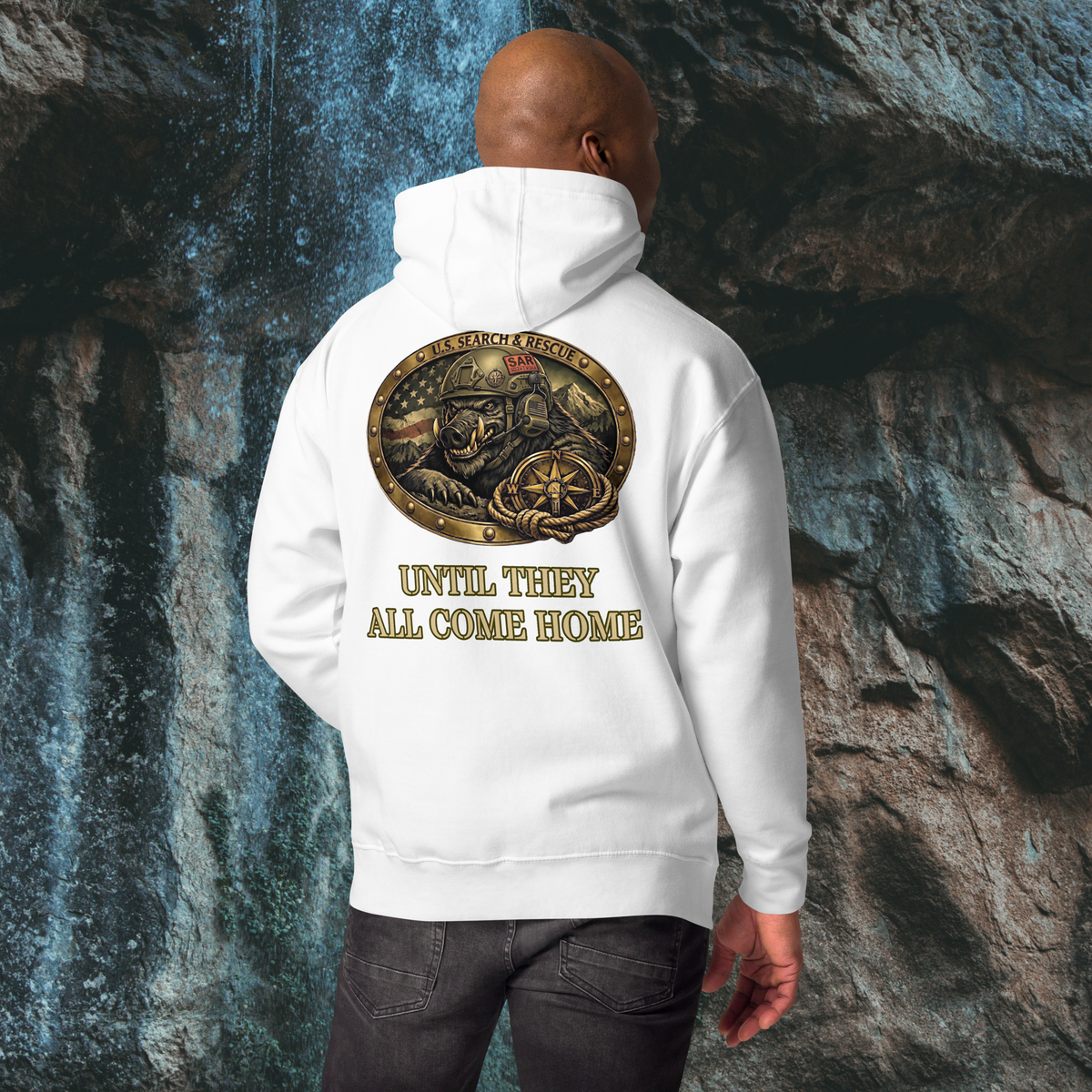 US Search & Rescue Boar Pullover Hoodie | Heavyweight Unisex Graphic Fleece, white, back view