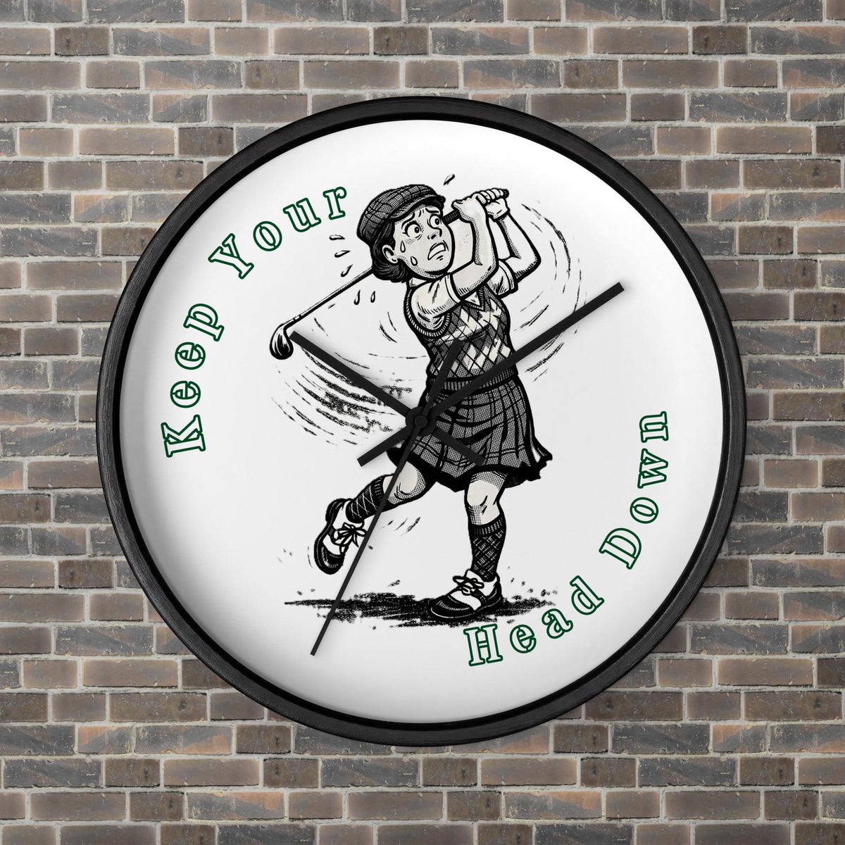 Keep Your Head Down Modern Wall Clock, black base, black hands, front view
