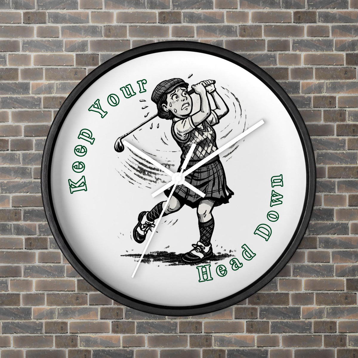 Keep Your Head Down Modern Wall Clock, black base, white hands, front view