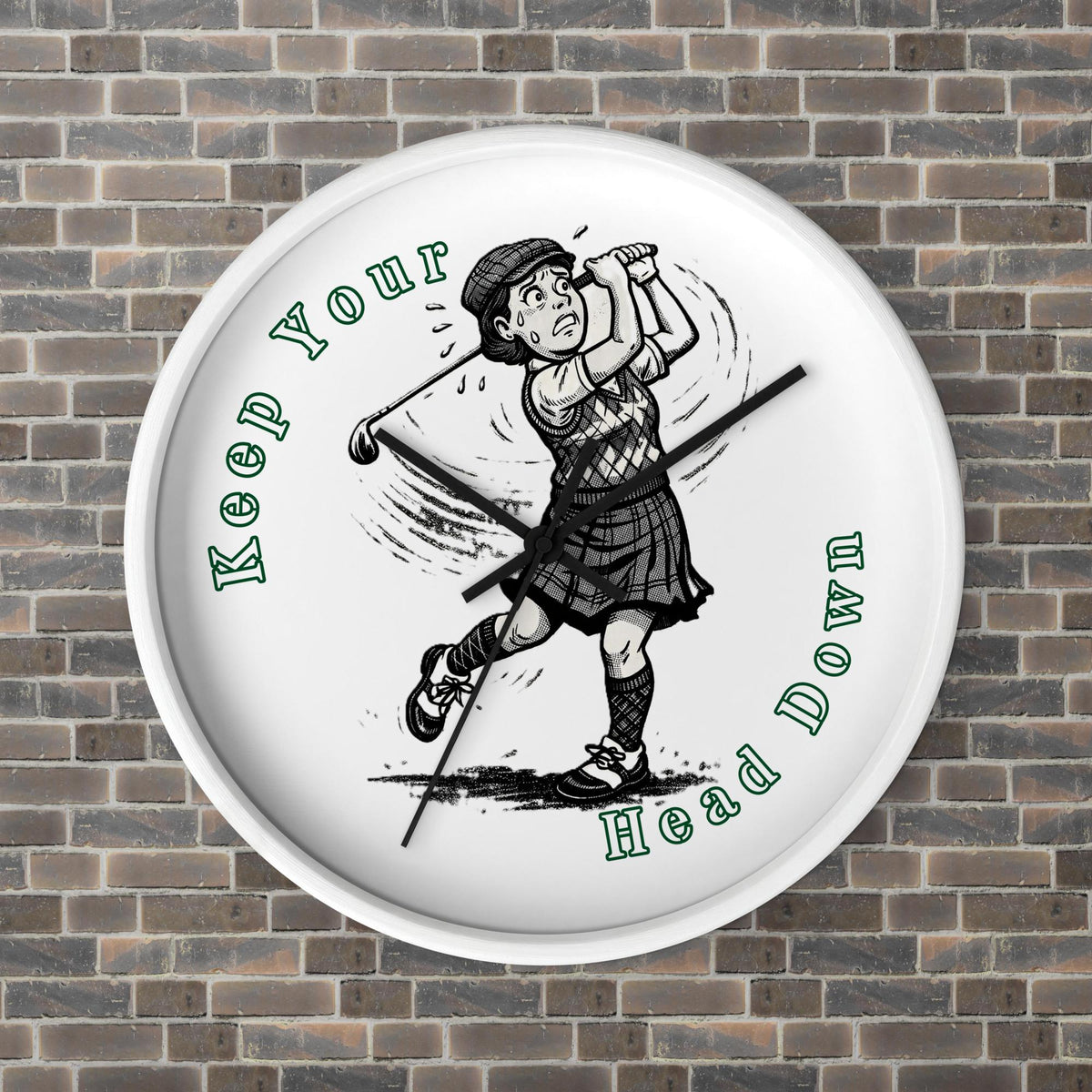 Keep Your Head Down Modern Wall Clock, white base, black hands, front view