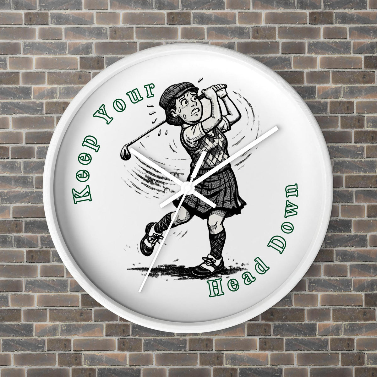 Keep Your Head Down Modern Wall Clock, white base, white hands, front view