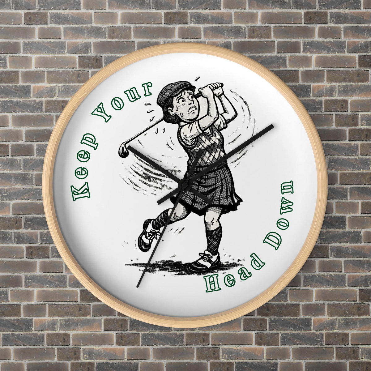 Keep Your Head Down Modern Wall Clock, wooden base, black hands, front view