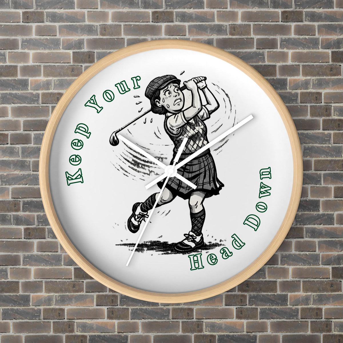 Keep Your Head Down Modern Wall Clock, wooden base, white hands, front view